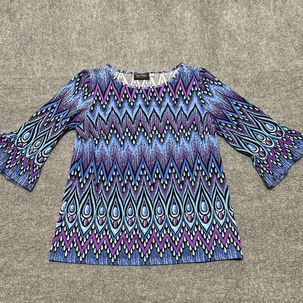 Bob Mackie Wearable Art Shirt Women's Small Geometric 3/4 Sleeve Stretch Top